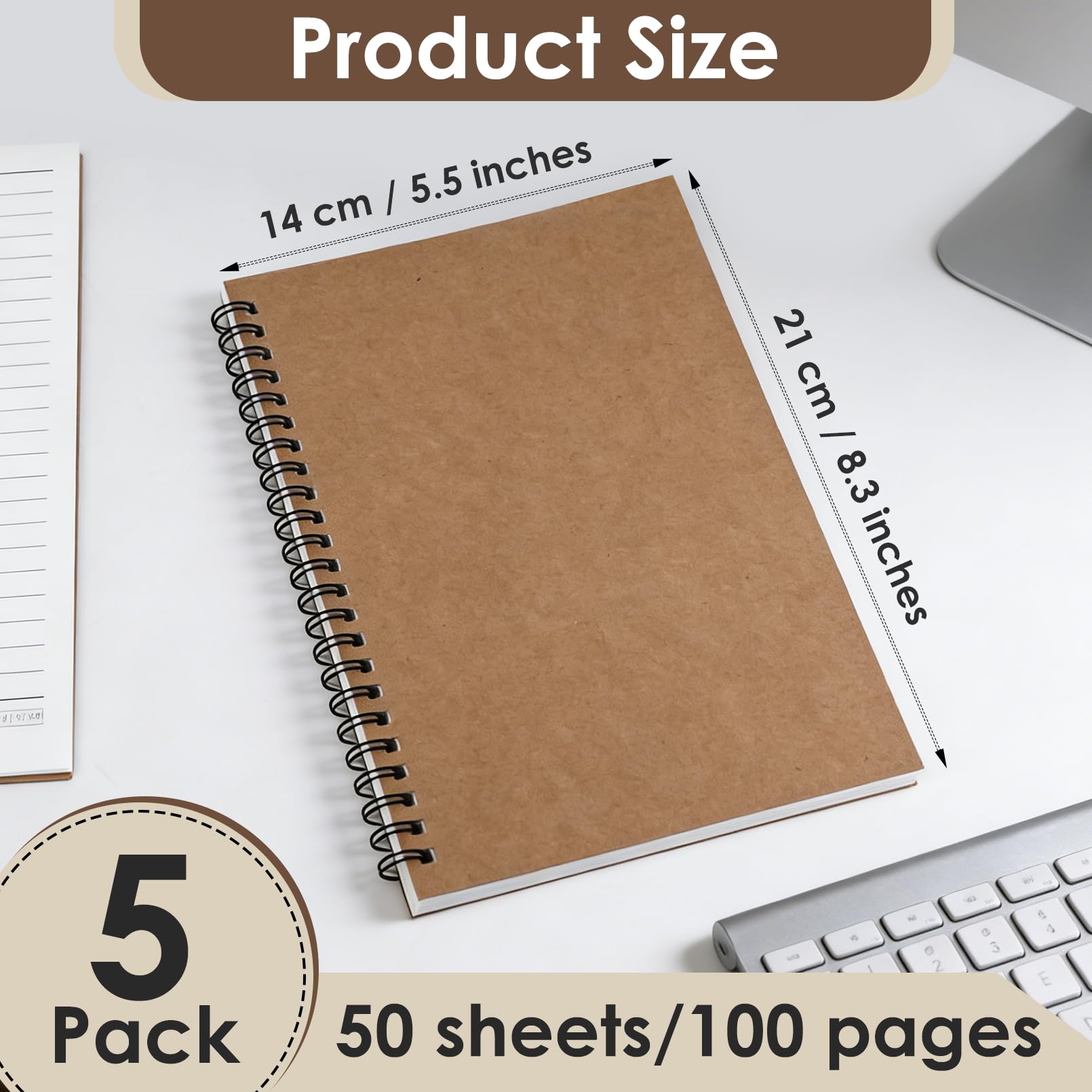 5 Pack Spiral Notebooks, A5 Lined Journal with Kraft Cover